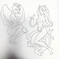 a drawing of a woman and a devil on a sheet of paper