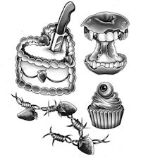 a black and white drawing of a cake and a knife