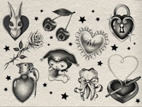 a black and white drawing of various tattoos