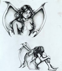 two drawings of a woman with wings and a demon