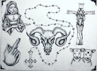 a drawing of a rosary, a ram, and a crucifix