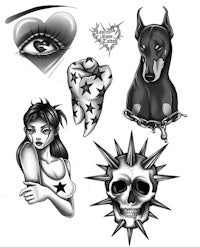 a black and white drawing of various tattoos