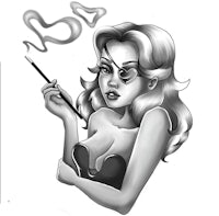 a black and white drawing of a woman smoking a cigarette