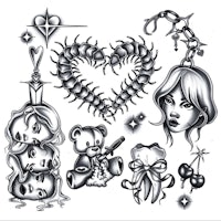 a black and white drawing of various tattoos